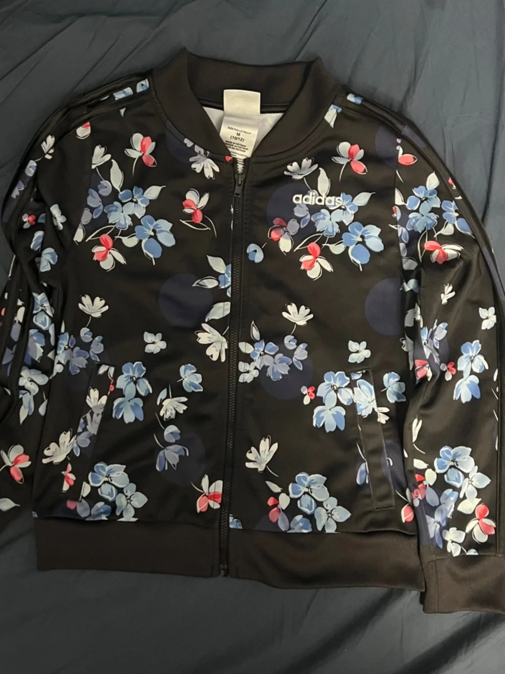adidas Black Floral Jacket with Blue & Pink Accents